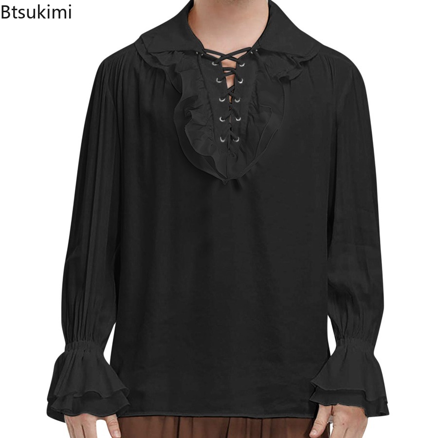 Men's Medieval Renaissance Pir - Medieval Gothic Lace Up Pirate Shirt ulasan dan harga